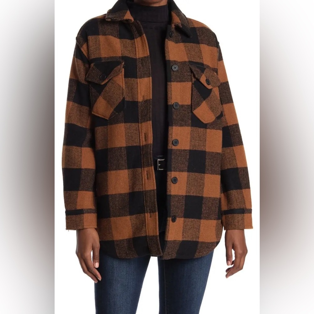 RDI Oversized Plaid Shirt Jacket — Black/Brown, Size M, Soft Fleece‑Lined